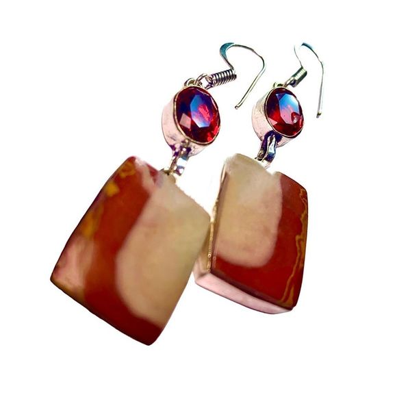 Nora Jasper & Garnet Gemstones in Handcrafted 925 Stamped Earrings - Picture 3 of 5
